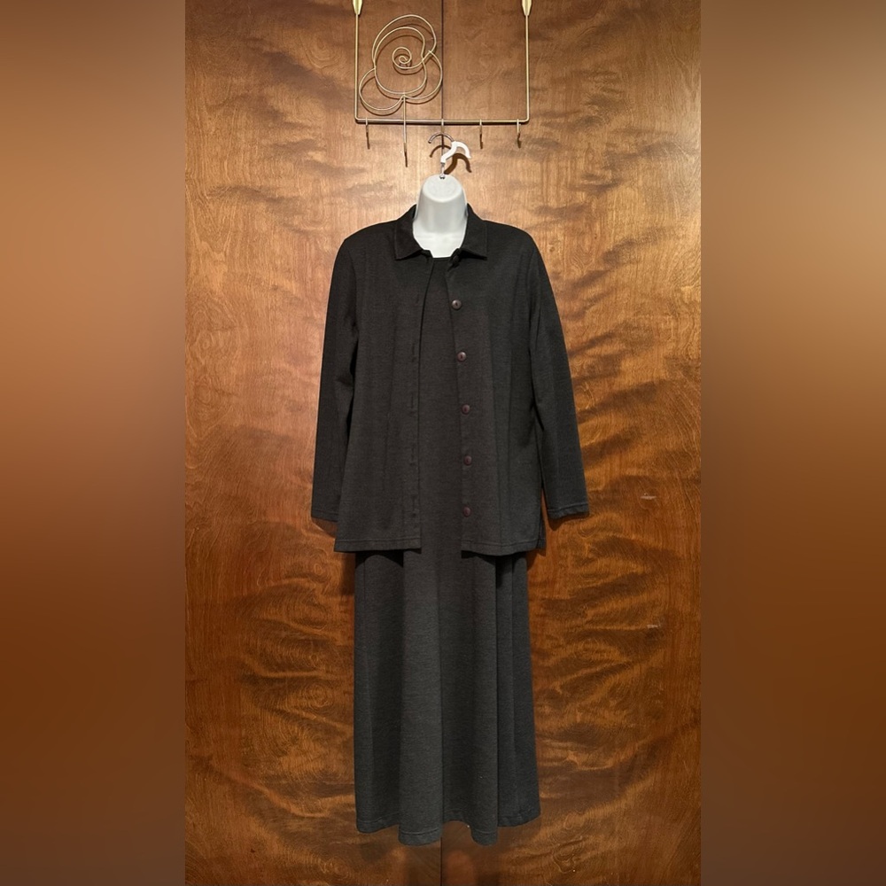 Vintage Talbots Fall Maxi Shift Dress & Jacket Set Womens M Grey Rayon Knit EUC